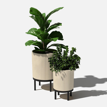 Veradek Demi Series Round Planter w/ Stand for Porch/Patio | Durable Plastic-Concrete & Wooden Stand | Modern Décor for Tall Plants, Flowers