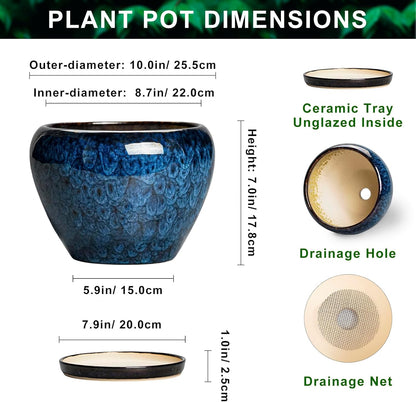6 Inch Plant Pot - Ceramic Pots for Plants with Drainage Hole and Saucer, Round Succulent Planter Indoor Outdoor, Modern Flower Pot for Snake Plants, Home Decor, Gifts for Plant Lover, Blue