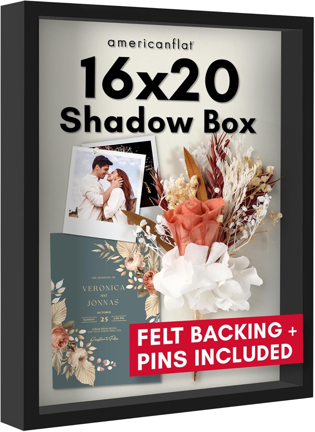 Americanflat 12x16 Shadow Box Frame with Polished Plexiglass - Silhouette Collection - Large Shadow Box Display Case for Tabletop and Wall Display - Black with Soft Felt Back