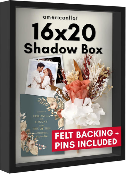 Americanflat 12x16 Shadow Box Frame with Polished Plexiglass - Silhouette Collection - Large Shadow Box Display Case for Tabletop and Wall Display - Black with Soft Felt Back