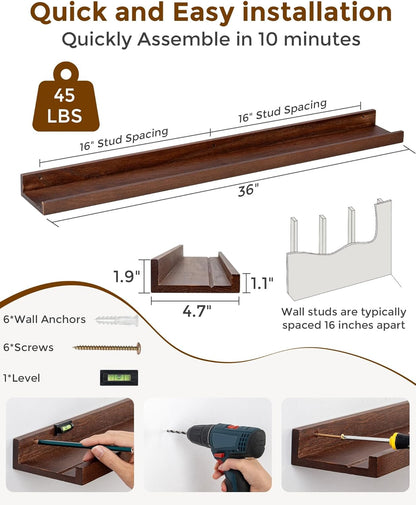 Axeman Oak Picture Ledge Shelf, 48 Inch Floating Shelves Set of 2, Solid Oak Wood Wall Shelves with Lip, Wall Decor Storage for Bedroom Living Room Bathroom Kitchen Nursery Photo Picture, Natural Oak