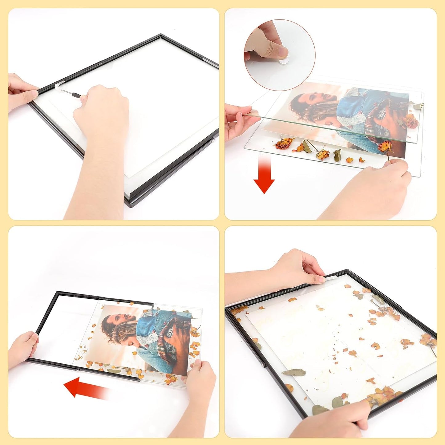 Qiannhee 8x10 Floating Frames Set of 2, Double Glass Desktop Picture Frames, Holds Multiple Photo Sizes, Photo Frame with Metal Stand