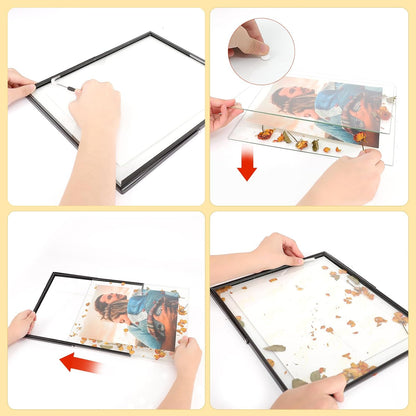Qiannhee 8x10 Floating Frames Set of 2, Double Glass Desktop Picture Frames, Holds Multiple Photo Sizes, Photo Frame with Metal Stand