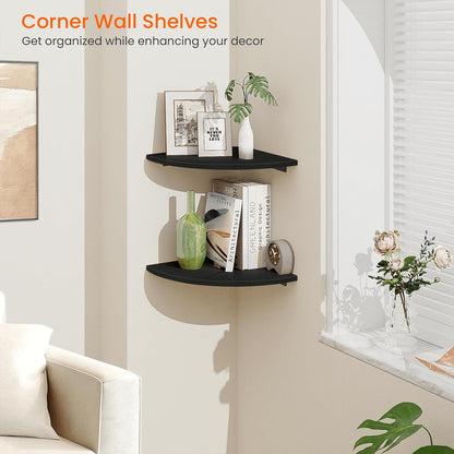 Homode Corner Wall Shelf, 12 in Wide Rounded Corner Shelf Floating, Set of 2 Wooden Hanging Corner Shelves with Wire Hole for Bathroom Living Room Office, White