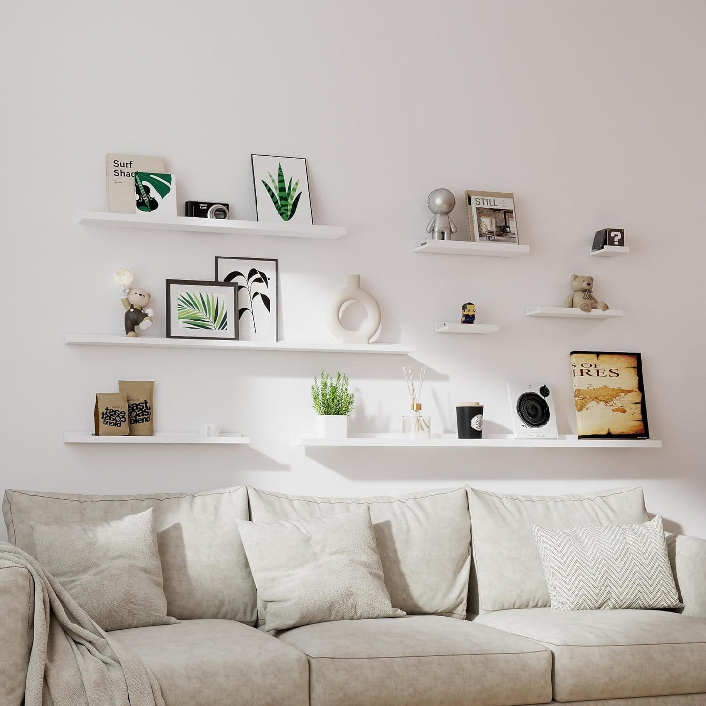 White Floating Shelves for Wall Decor, Wall Mounted Wood Storage Shelf for Bedroom, Living Room, Bathroom, Kitchen, Nursery, Display Picture Ledge Shelf with Lip Set of 2-14 Inches, White