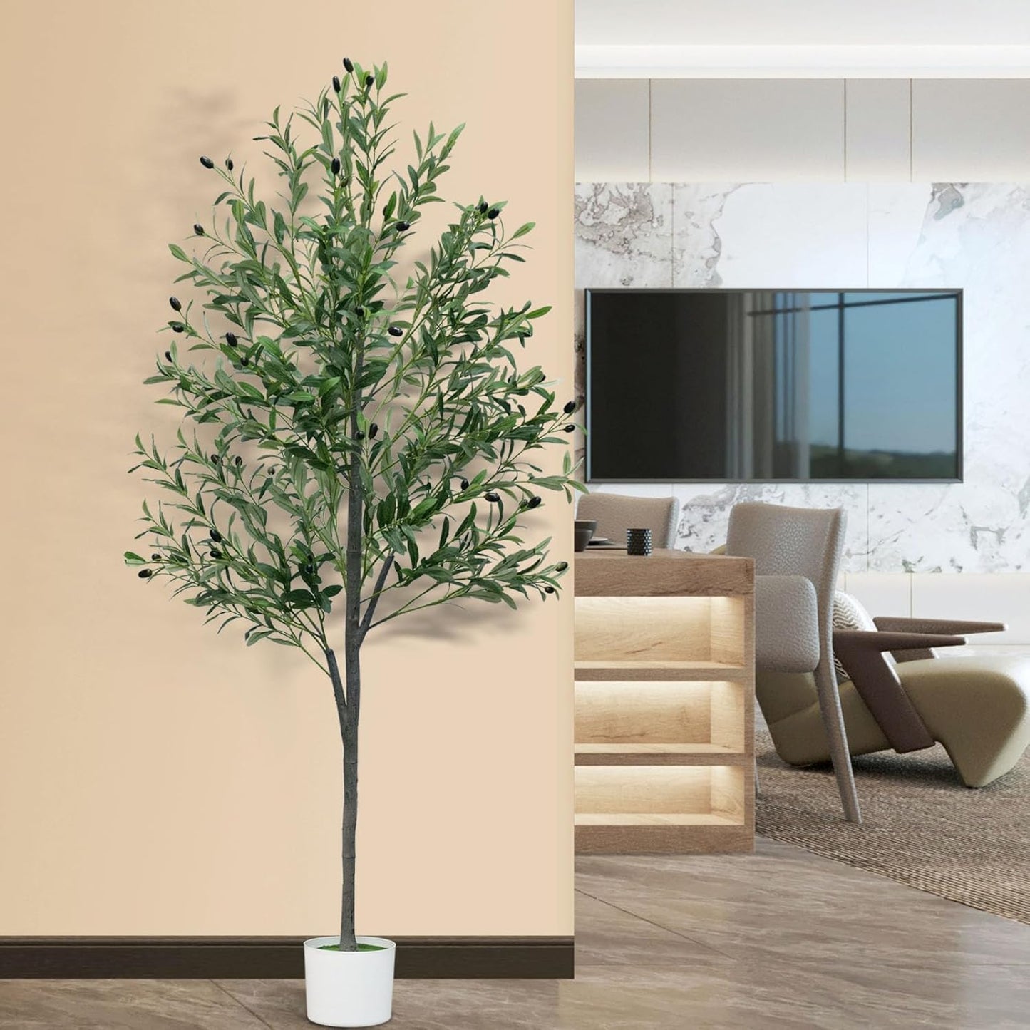 6FT Artificial Olive Tree,Artificial Plants Indoor,Faux Olive Tree Indoor with Natural Wood Trunk and Realistic Leaves and Fruits for Home Office Decor