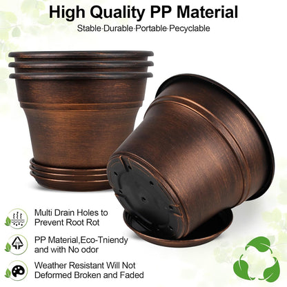 Fodetyff 10 Inch Planters Plant Pots Indoor Outdoor, 4 Pack Plastic Flower Pot for Indoor Plants with Drainage Holes & Trays, Resin Decorative Container Sets with Saucer for House Garden Copper