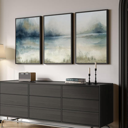 Large Framed Abstract Nature Landscape Wall Art for Living Room, Set of 3 Modern Canvas Prints Paintings Artwork for Walls, Green Lake Pictures for Hallway, Dining Room, Office Wall Decor 24x36 Inch