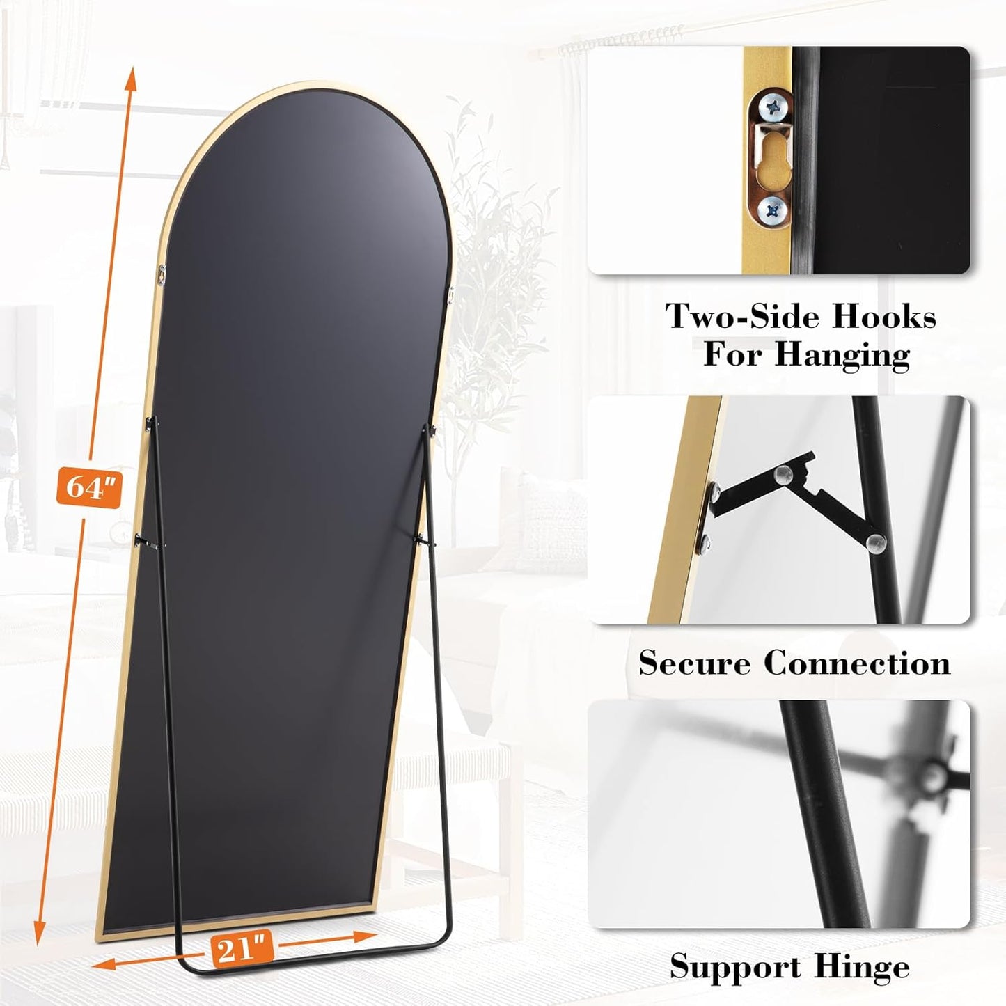DUMOS Arched Full Length Mirror with Stand 64"x21" Floor Standing Aluminum Frame for Bedroom Body Hanging Leaning Modern Simple Home Decor Shatter-proorf Nano Glass Wall Living Room Cloakroom Black