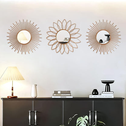 3 Pack Metal Mirrors for Wall Sunburst Wall Mirrors Home Décor Decorative Hanging Wall Art for Living Room Bedroom Entryway (Gold, Flower+Sunburst)