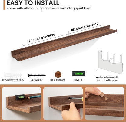 Fun Memories Picture Ledge Shelves Set of 2, 32 Inch Rustic Wall Mounted Floating Shelves with Lip for Home Storage and Décor in Bathroom, Kitchen, Nursery, Bedroom, Living Room, Walnut
