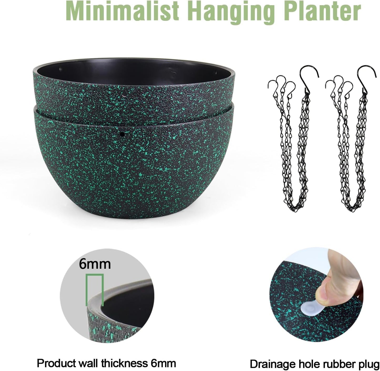 Meowell 10 inch Hanging Planters for Indoor Outdoor Plants, 2 Pack Hanging Flower Pots with Drainage Holes and Chain for Garden Porch, Plastic Hanging Baskets for House Plants, Speckled Grey