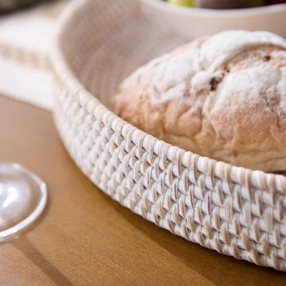 13.8 inch Round Rattan Tray, Decorative Coffee Table Tray, Ottoman Tray, Woven Serving Tray with Handles, Wicker Serving Basket, Whitewash