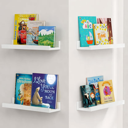 Forbena 36 Inch Floating Shelves for Wall 4-Pack, Large Nursery Book Shelves Bookshelf for Kids Bedroom, Long Picture Ledge Shelf with Lip for Living Room Photo Frames Art Display (White Solid Wood)