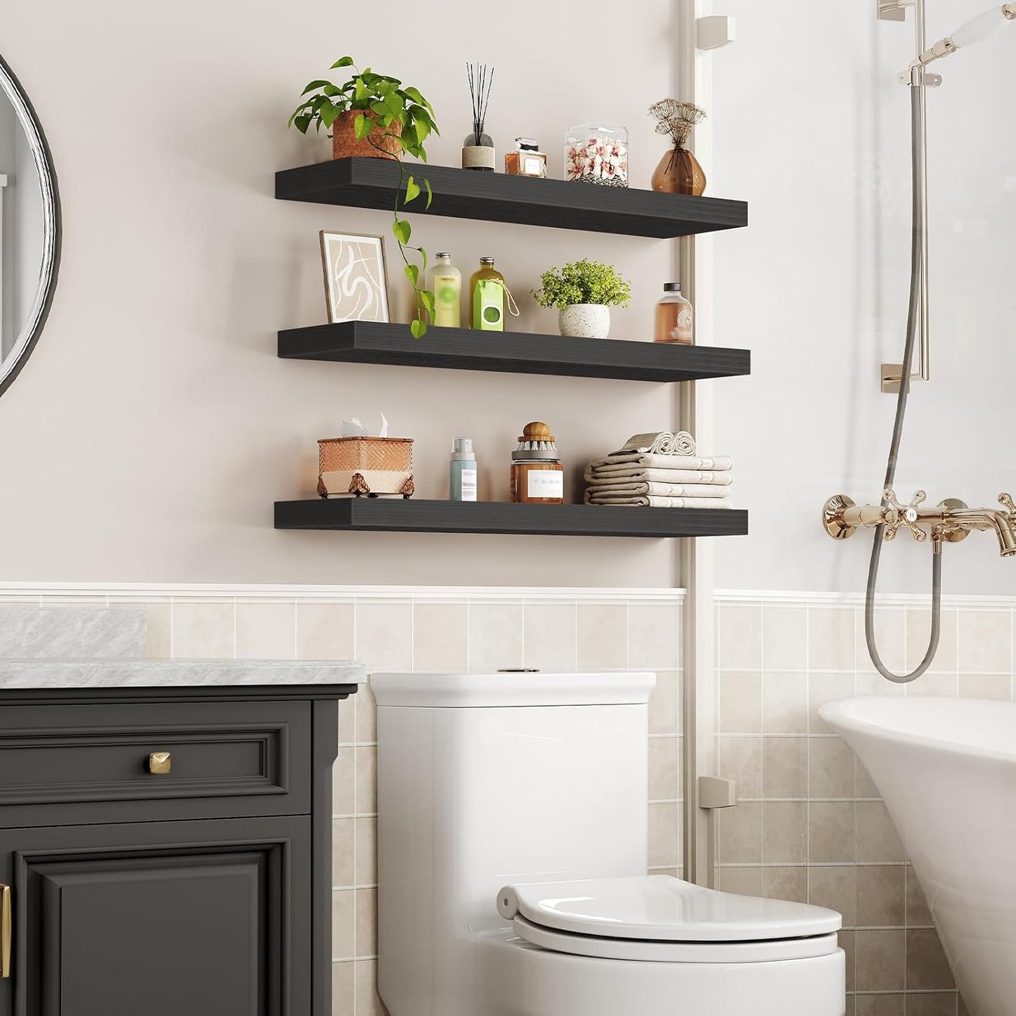 RALGEND Floating Shelves for Wall, 1.5" Thick Wall Shelf Set of 3 with Invisible Brackets, L31.5 x W7.9 Hanging Shelves Farmhouse Home Decor for Bathroom, Living Room, Bedroom, Rustic Brown 8301BJP3BF