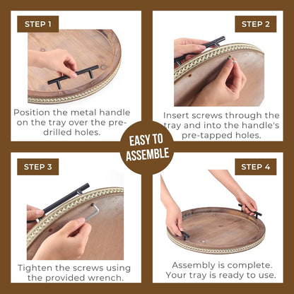 16 Inch Coffee Table Tray for Living Room, Beaded Round Wood Decorative Tray with Handles, Farmhouse Circle Trays for Kitchen Island Decor, Rustic Coffee Table Centerpiece Decor