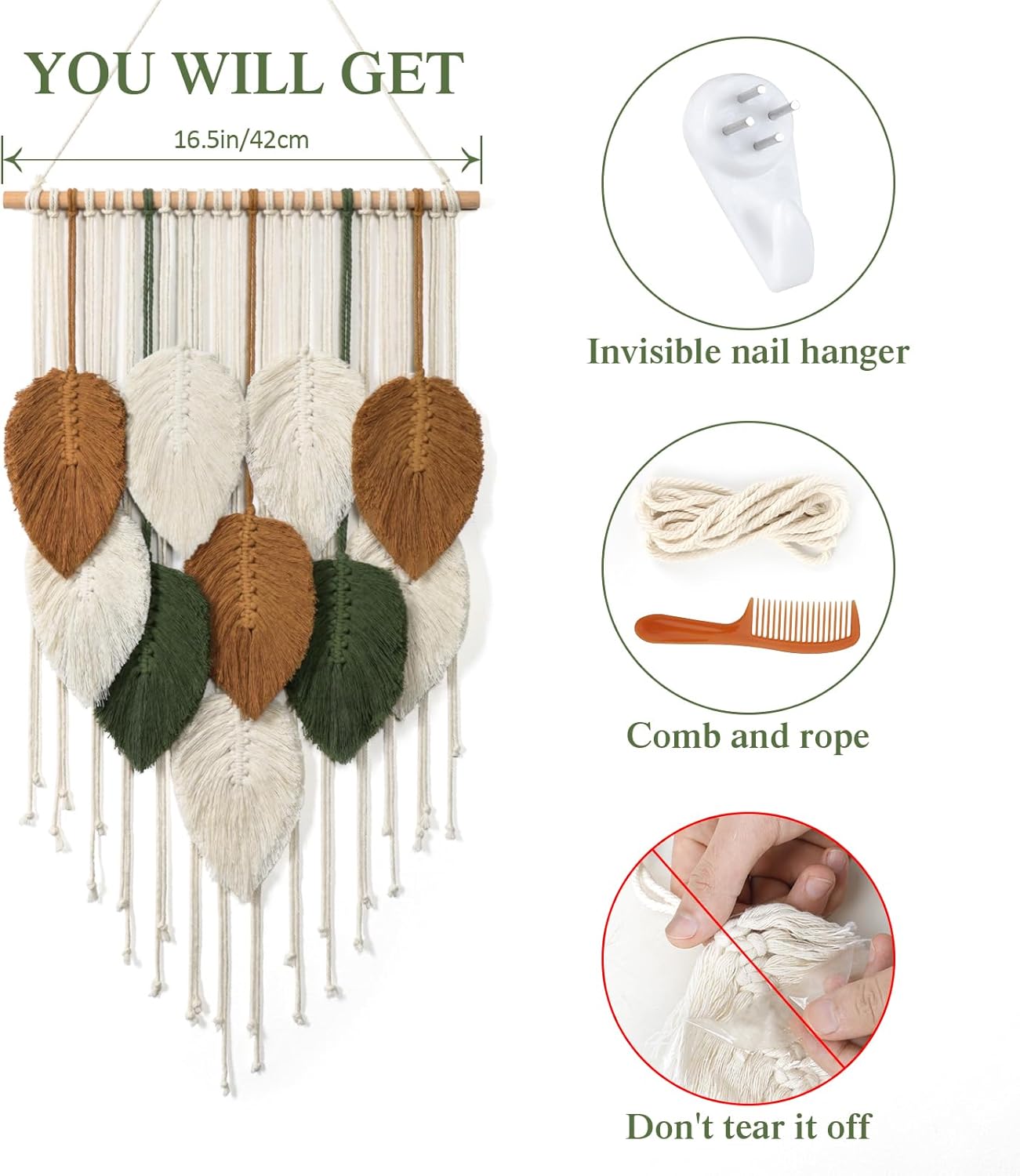 KHOYIME Large Macrame Wall Hanging Boho Woven Tapestry, Chic Home Decor Modern Bohemian Handmade Leaf Feather Wall Art Decorations for Apartment Dorm Living Room Bedroom Nursery Backdrop 39"W X 29.5"L