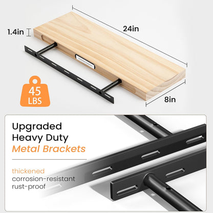 Floating Shelves 36 Inches Long - 8 Inch Deep Rustic Premium Solid Pine Wood for Storage - Farmhouse Wall Mounted for Living Room - Heavy-Duty Metal Bracket - 36" W x 8" D - Set of 2 - White Color