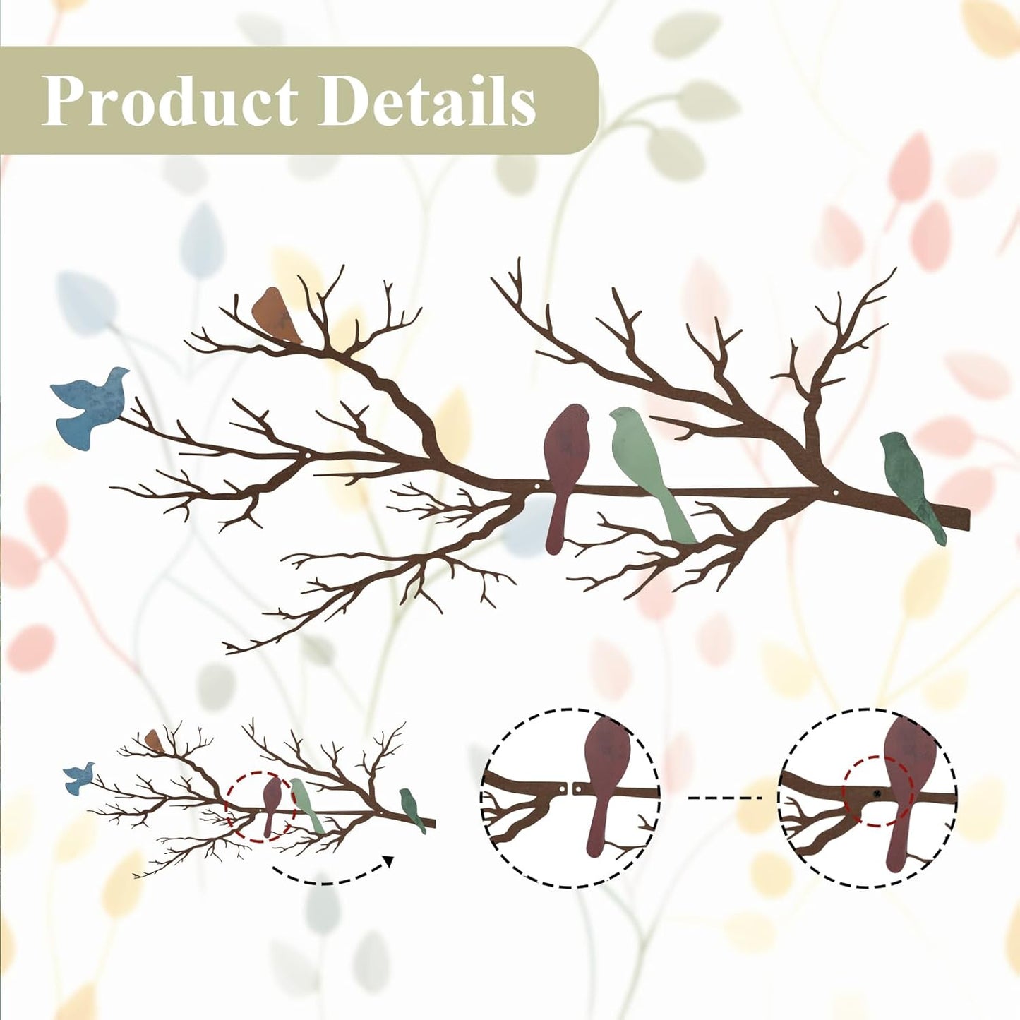 Metal Birds Wall Art, Metal Vivid Birds on Branch Silhouette Wall Decor Black Leaves with Bird Outdoor Hanging Wall Sculpture for Home Balcony Garden(Large)