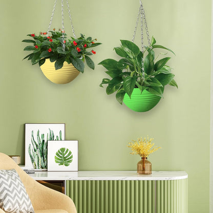 Srmayyi 4 Pack 8 inch Plastic Self Watering Hanging Planters,Round Hanging Basket Planter with Drainer and Metal Chain,White Garden Flower Plant Pot Container for Indoor Outdoor Plants