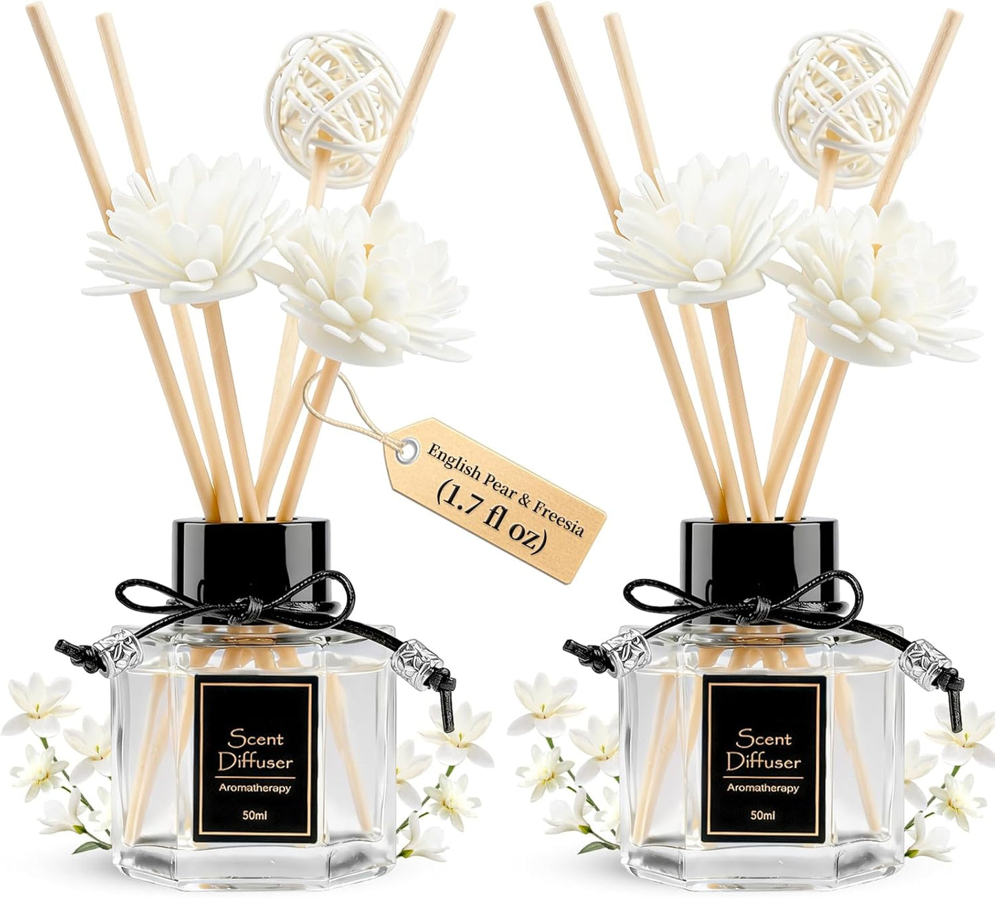 TonJin 2PCS Jasmine Reed Diffuser Set 1.7 fl oz with 6 Scent Sticks, Exotic Floral Home Fragrance, Natural Scented Oil Sticks for Bathroom, Living Room & Bedroom | Non-Toxic Air Freshener