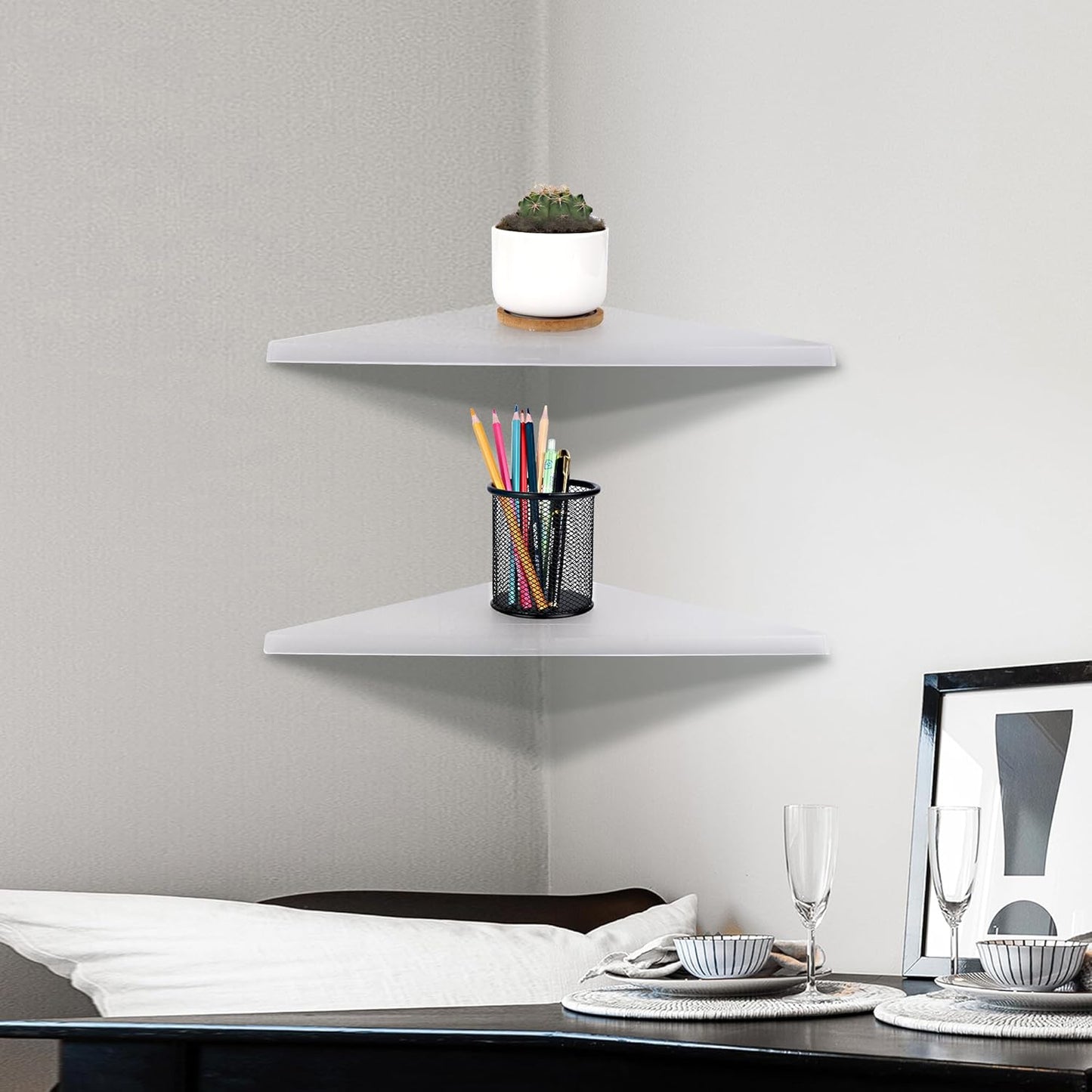 evron Corner Mounting Shelf Set of 2 – Easy to Install Floating Wall Shelves with Wood Grain Finish, Durable and Waterproof ABS Plastic for Kitchen, Bathroom, Living Room Home Décor