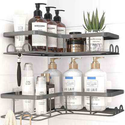 Sakugi Corner Shower Caddy - 2 Pack, Adhesive Shower Organizers, Rustproof Stainless Steel Shower Shelves with 8 Hooks, No Drilling Bathroom Organizers and Storage Racks, Space-Saving, Black, Medium