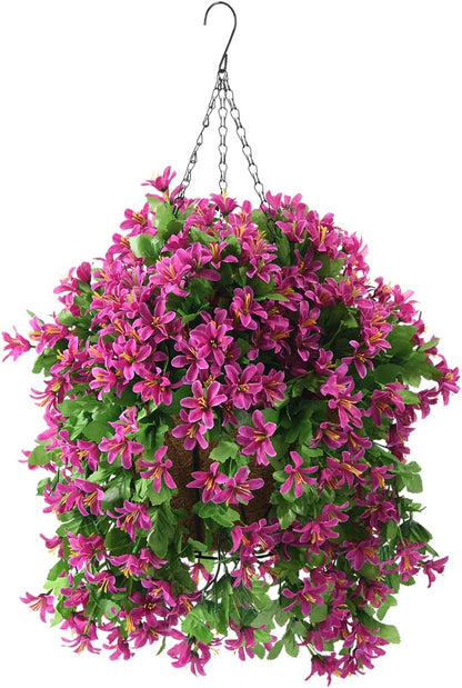 INQCMY Artificial Fake Hanging Plants Flowers Basket for Spring Summer Outdoor Outside Porch Decoration,UV Resistant Faux Silk Violet in Planter for Home Patio Balcony Garden Yard Decor(Red)