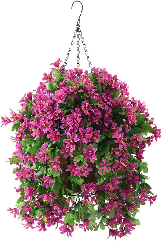 INQCMY Artificial Fake Hanging Plants Flowers Basket for Spring Summer Outdoor Outside Porch Decoration,UV Resistant Faux Silk Violet in Planter for Home Patio Balcony Garden Yard Decor(Red)