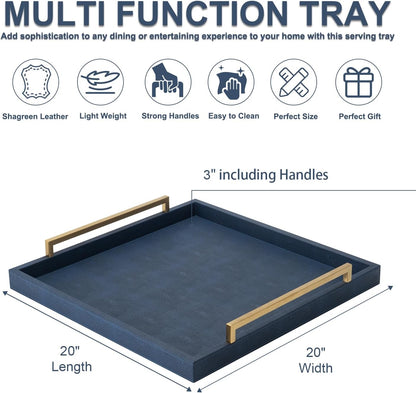XIGEXIGE Ivory Shagreen Decorative Tray Large Rectangle Coffee Table Tray for Ottoman Faux Leather Serving Tray with Brushed Gold Handles