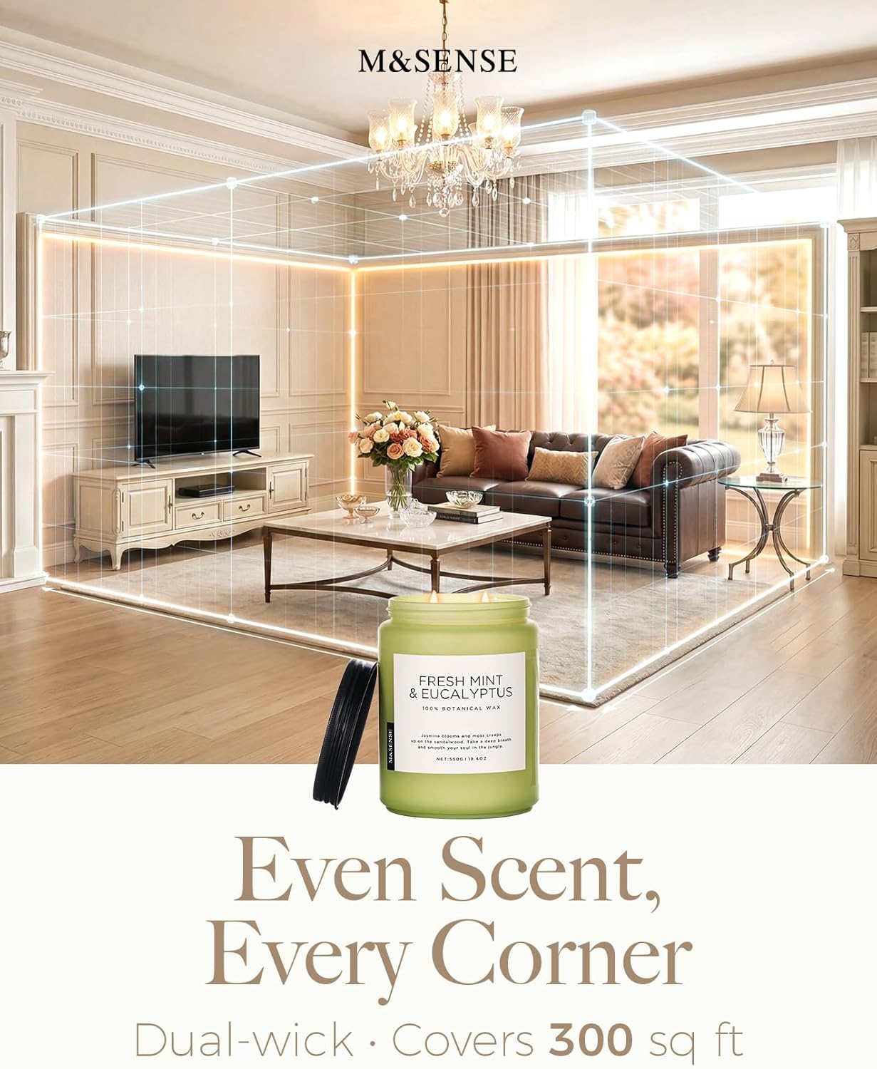 M&SENSE Eucalyptus & Mint Scented Jar Candle, Large 19.4oz Natural Soy Wax, 110-Hour Long Lasting Non-Toxic Clean Burning, Fresh Smelling Home Aromatherapy for Spa Stress Relief, Gifts for Men Women