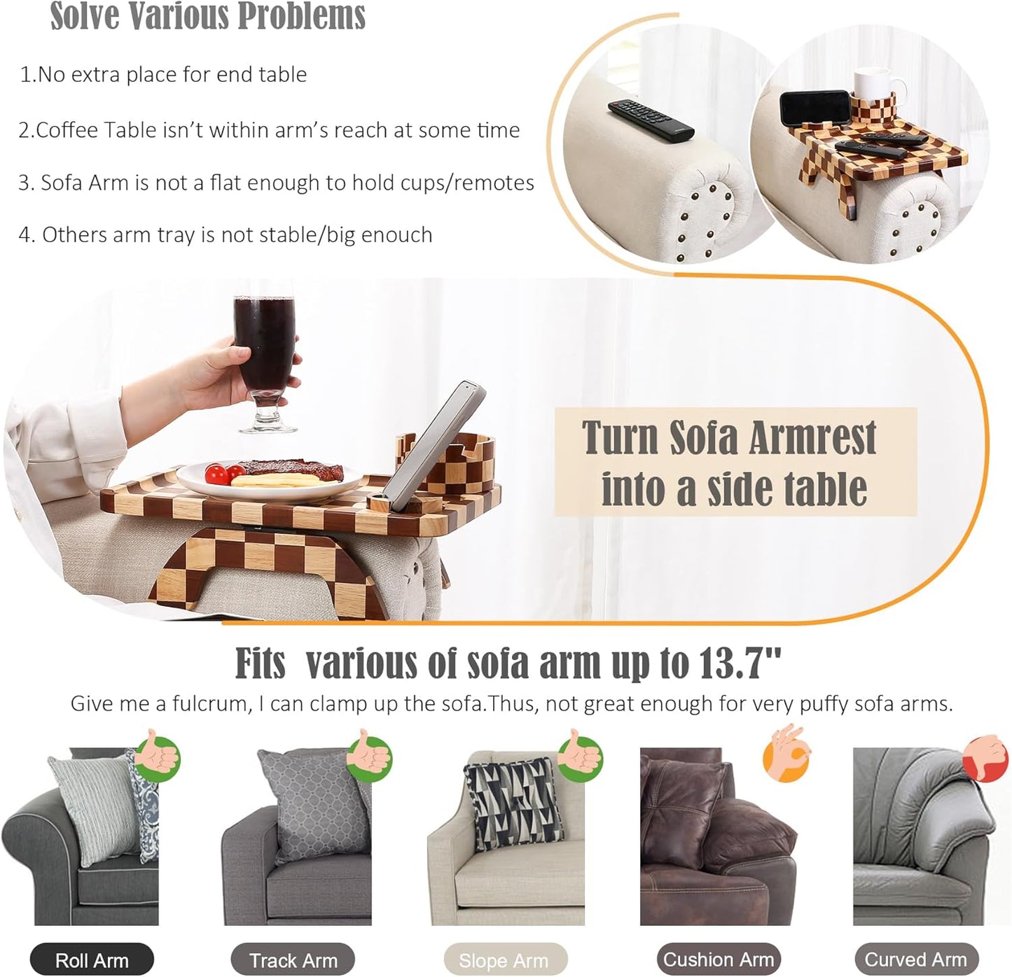 Nnewvante Couch Cup Holder Tray, 3 in 1 Large 15.36"x9.85" Acacia Wood Sofa Arm Clip on Tray Table with 360°Rotated Phone Holder on Armrest