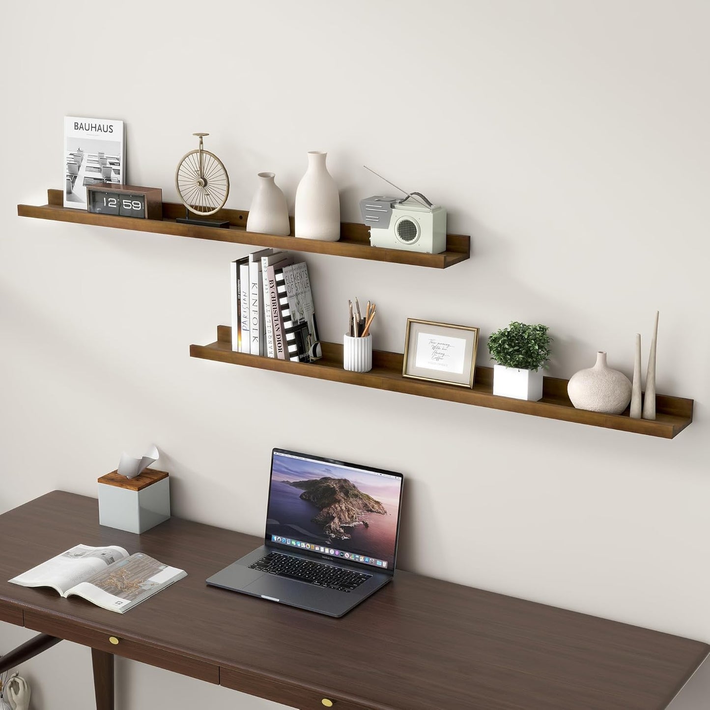 FLYJOE Picture Ledge Shelf, Floating Shelves Set of 2, Solid Pine Wood 55'' Long Large Nursery Book Shelves for Toys Storage, Kids Bookshelf for Living Room Bedroom Decor Books Photo Frames, Walnut
