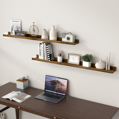 FLYJOE Picture Ledge Shelf, Floating Shelves Set of 2, Solid Pine Wood 55'' Long Large Nursery Book Shelves for Toys Storage, Kids Bookshelf for Living Room Bedroom Decor Books Photo Frames, Walnut