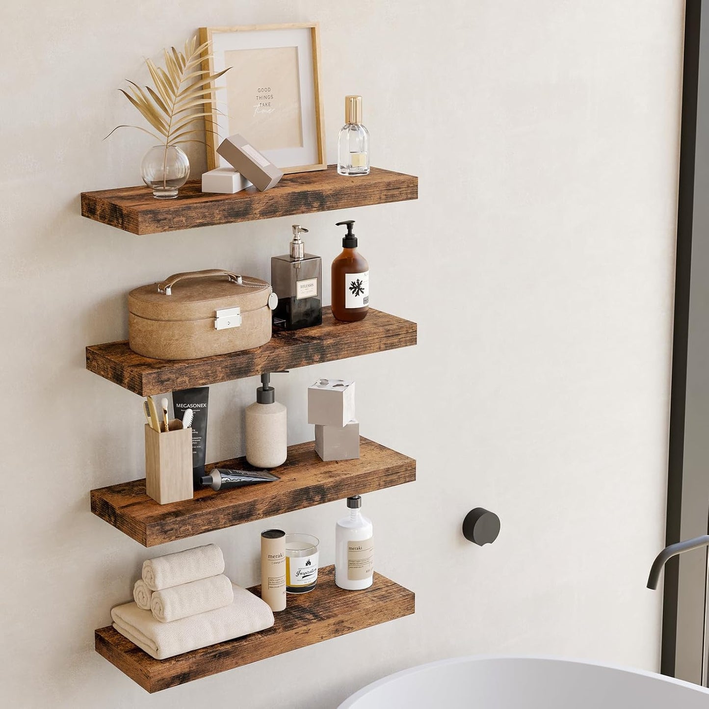 Fixwal Black Floating Shelves for Wall, Rustic Wood Shelves for Bathroom, Living Room, Bedroom and Kitchen, Wall Shelves for Storage, Books, Room Decor (Set of 4, 15.8 Inch)