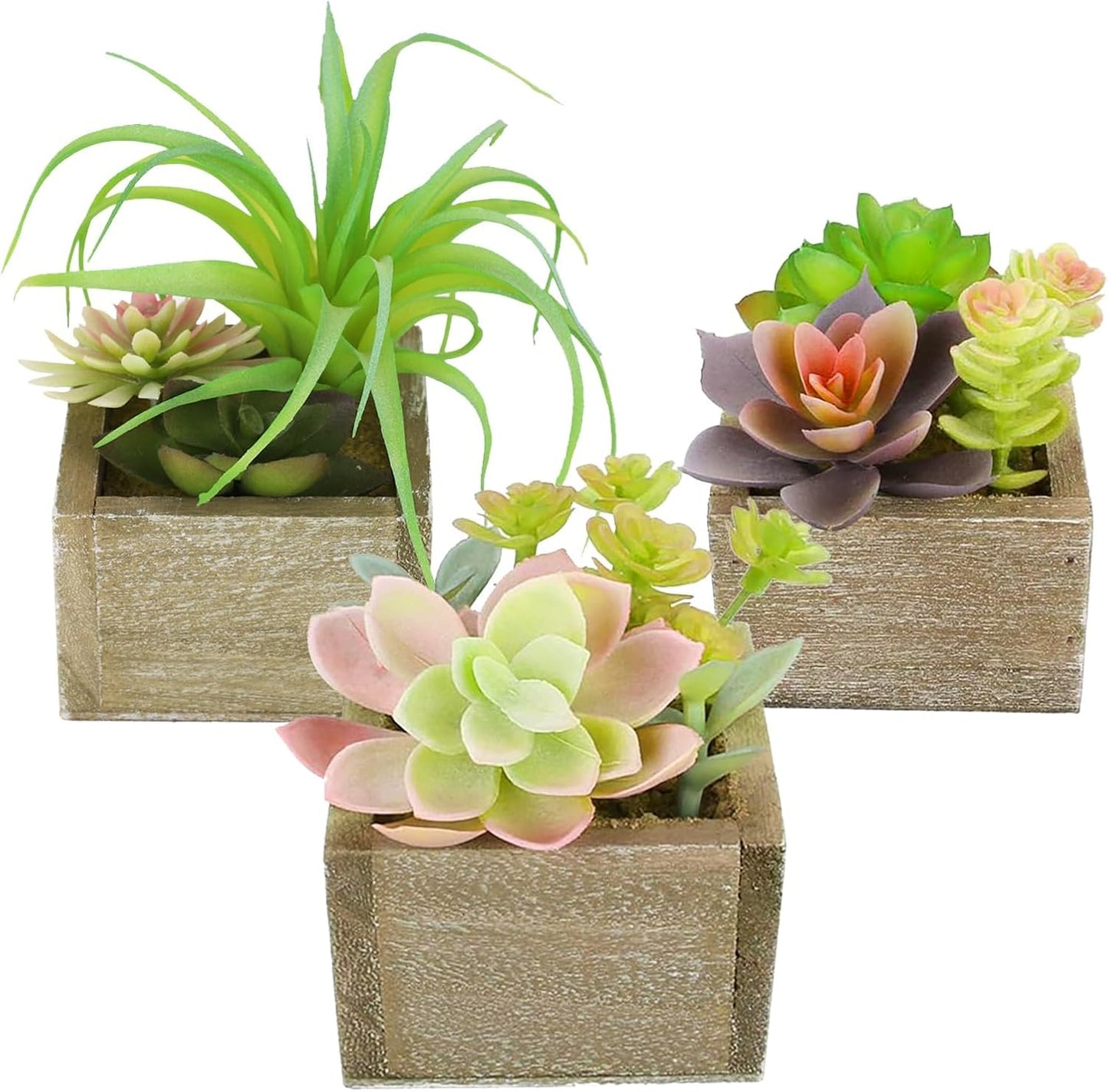 Succulent Plants Artificial, 3 Pack Small Fake Plants in Wood Pot for Home Decor, Farmhouse Artificial Plants Indoor for Living Room Bathroom Bedroom Office Kitchen Desk Wedding Coffee Table Decor