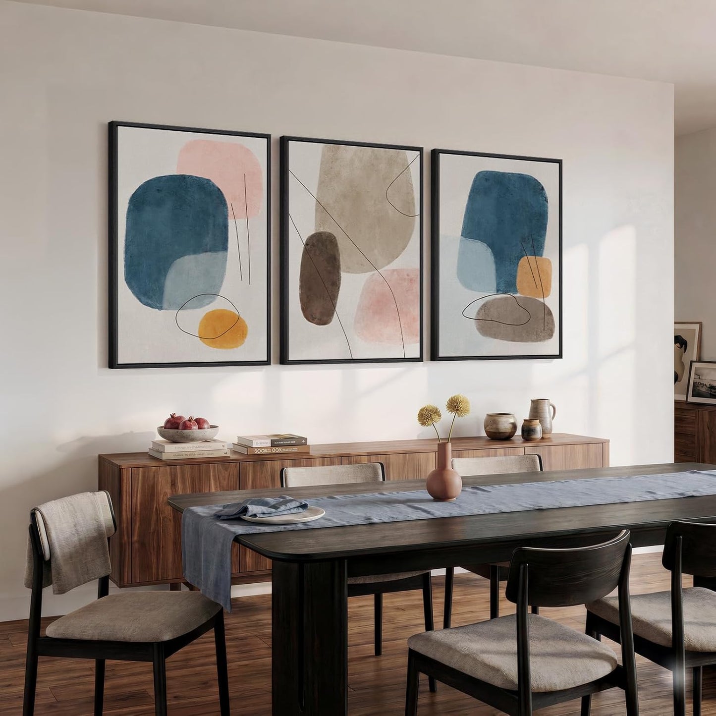 Large Framed Neutral Abstract Wall Art for Living Room, 3 Piece Modern Canvas Prints Paintings Artwork for Walls, Black and Beige Pictures for Living Room Hallway Stair Office Wall Decor 24x36 Inch