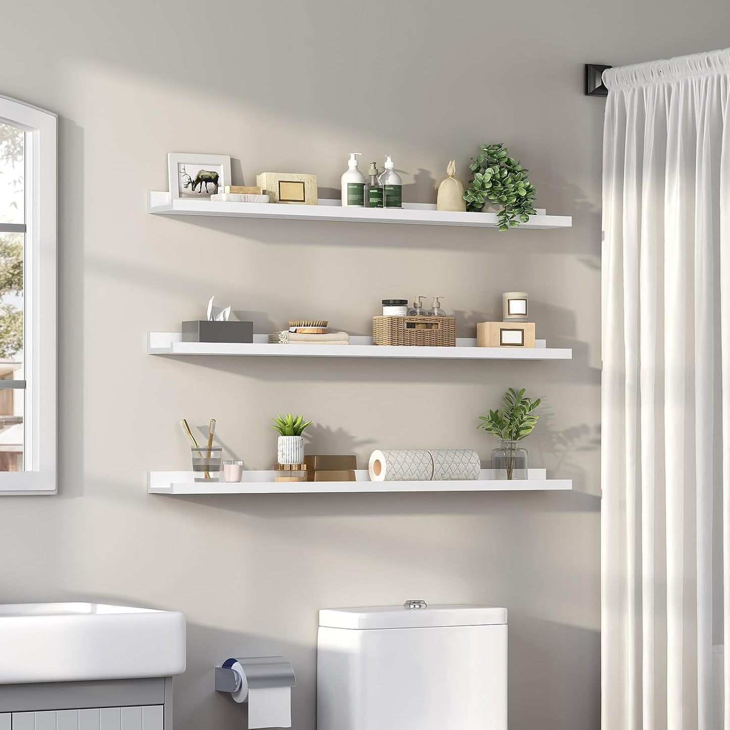 HOOBRO Floating Shelves, Wall Shelf Set of 3, 35.4 Inches Hanging Shelf with Raised Edge and Invisible Brackets, for Bathroom, Bedroom, Kitchen, Office, Living Room Decor, Rustic Brown BF90BJ01
