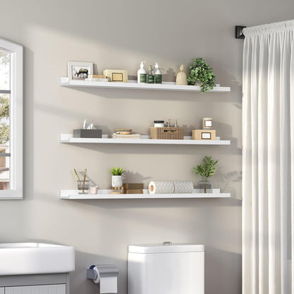 HOOBRO Floating Shelves, Wall Shelf Set of 3, 35.4 Inches Hanging Shelf with Raised Edge and Invisible Brackets, for Bathroom, Bedroom, Kitchen, Office, Living Room Decor, Rustic Brown BF90BJ01