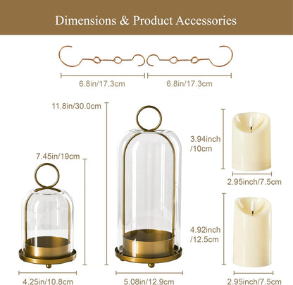 5"&4" Metal Candle Holder with Handmade Glass Dome in Brass & 2 Timer Candles, Set of 2 Versatile Hurricane Glass Candle Holders for Pillar Candles & Plants