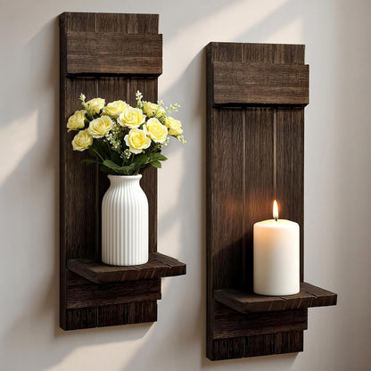 Candle Sconces Set of 2: Farmhouse Wall Candle Holder, Dark Brown Wood Wall Sconces Set of Two,Handmade Wooden Art Decor for Living Room, Dining Room, Bathroom, Bedroom, or Entryway, 15.7"x5"