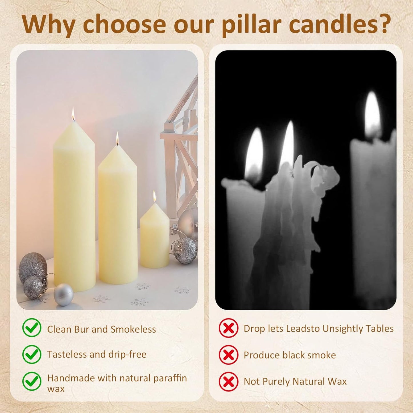 12-Pack Ivory Unscented Pillar Candle Set - 2x3, 2x6, 2x8-inch Long-Burning Drip-Free Tapers, 4 Per Size. Ideal for Home Decor, Weddings, Emergencies, and Holidays.