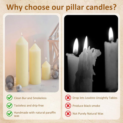 12-Pack Ivory Unscented Pillar Candle Set - 2x3, 2x6, 2x8-inch Long-Burning Drip-Free Tapers, 4 Per Size. Ideal for Home Decor, Weddings, Emergencies, and Holidays.