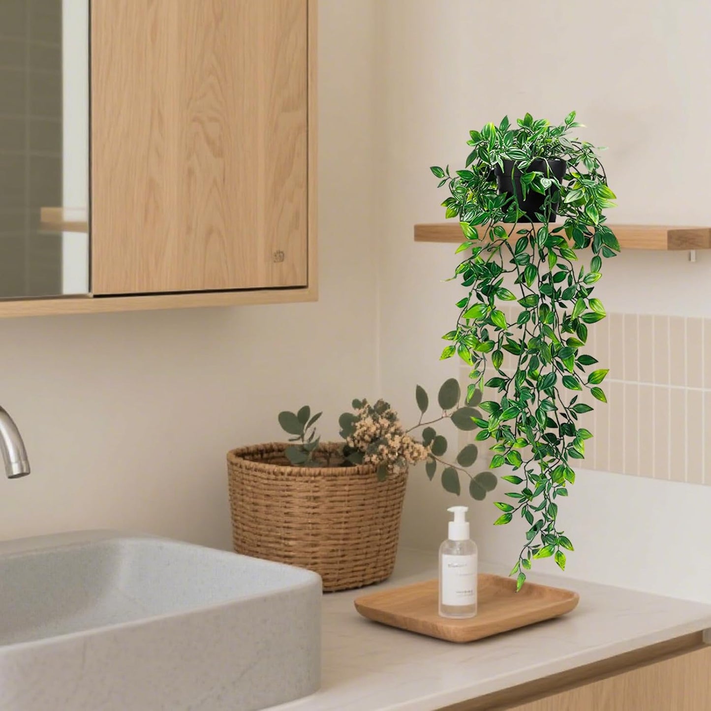 Clearain 1pcs Fake Hanging Plants, Artificial Small Potted Plants, Mini Faux Succulent Plant for Indoor Outdoor Aesthetic Office Living Room Shelf Home Decor (Eucalyptus leaves-1pcs)