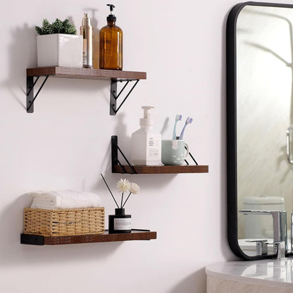 BAYKA Wall Mounted Floating Shelves, Wood Floating Wall Shelf for Books & Decor, Small Space-Saving Display & Organizer（Black，Set of 3）