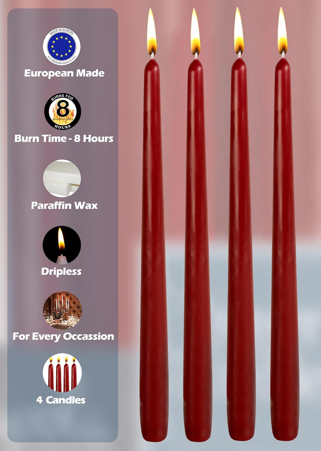 Hyoola Tall Taper Candles - 10 Inch Metallic Gold Unscented Dripless Taper Candles - 8 Hour Burn Time - 4 Pack