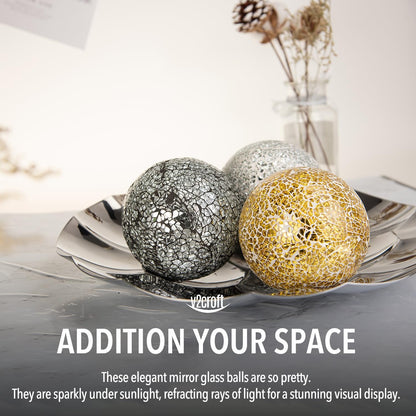 4in Decorative Mosaic Sphere Orbs Set of 3, Glass Balls for Whole Housewares,Wedding/Birthday,Bowls,Vases Dining Table Centerpieces(Silver,Black,Blue)