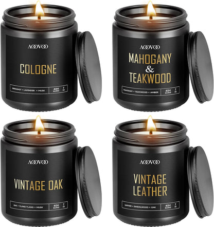 AOOVOO Scented Candles for Men - 4 Pack Candles for Home Scented, 36oz Soy Wax, 200 Hour Burn Time, Men Candle Set, Sandalwood Oud/Mahogany Teakwood/Smoke Vanilla/Jasmine Candle Set A