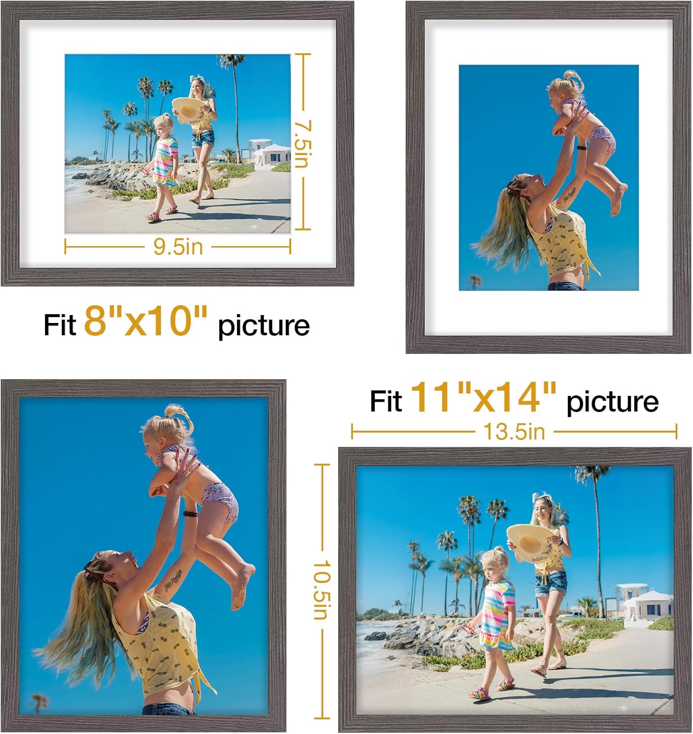 Vittanly 8x10 Picture Frames Set of 9, Shatter Resistant Plexiglass, Display 5x7 Pictures with Mat or 8x10 without Mat, Photo Frames for Wall or Tabletop, Engineered Wood, Black - Colors B