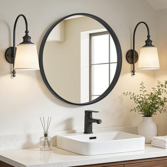WallBeyond Wood Round Mirror with Wood Frame 24 inch Circle Wall Mirror for Bathroom Round Wall Mirror for Wall Decor, Vanity, Entryway Living Room (Walnut)